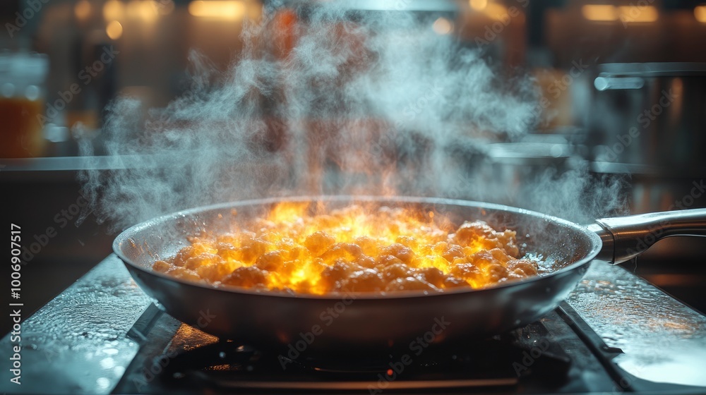 Food Cooking in a Pan with Smoke and Fire Food Cooking in a Pan with Smoke and Fire
