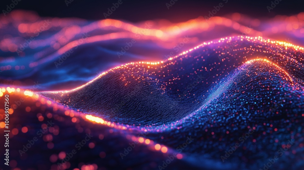 Abstract wave patterns illuminated with glowing lights in vibrant colors.