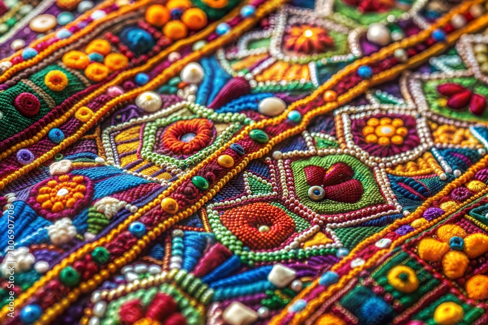Fototapeta premium Vibrant embroidered fabric with beads and intricate details