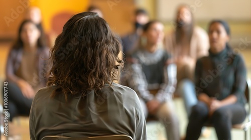 A group discussion setting with a person facing a circle of attentive listeners.