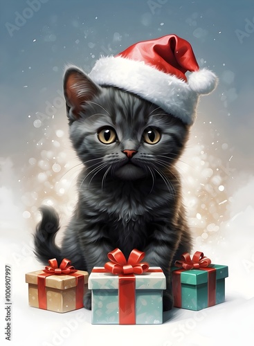 cat in santa hat with christmas gift