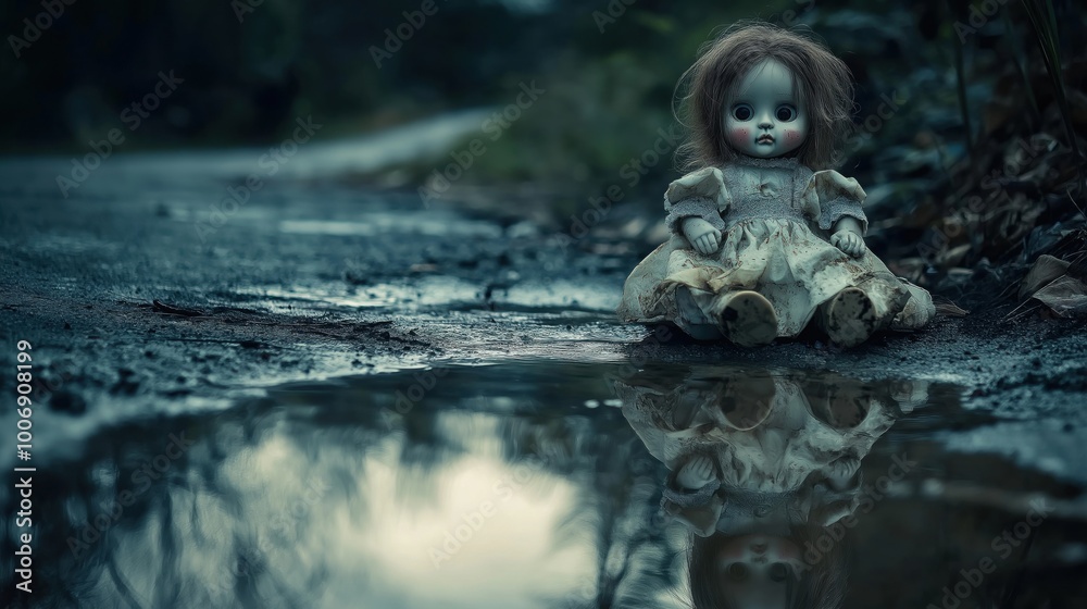 Obraz premium A vintage doll sitting alone by a puddle on a dark, moody road.