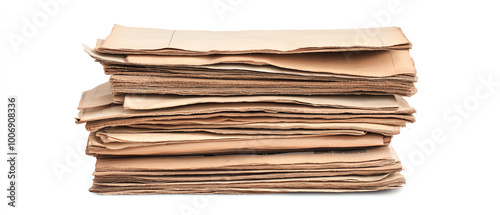 Stack of old papers with yellowish tones on a white isolated background.