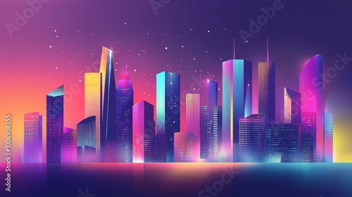 Neon City Skyline at Night with Vibrant Gradient Colors