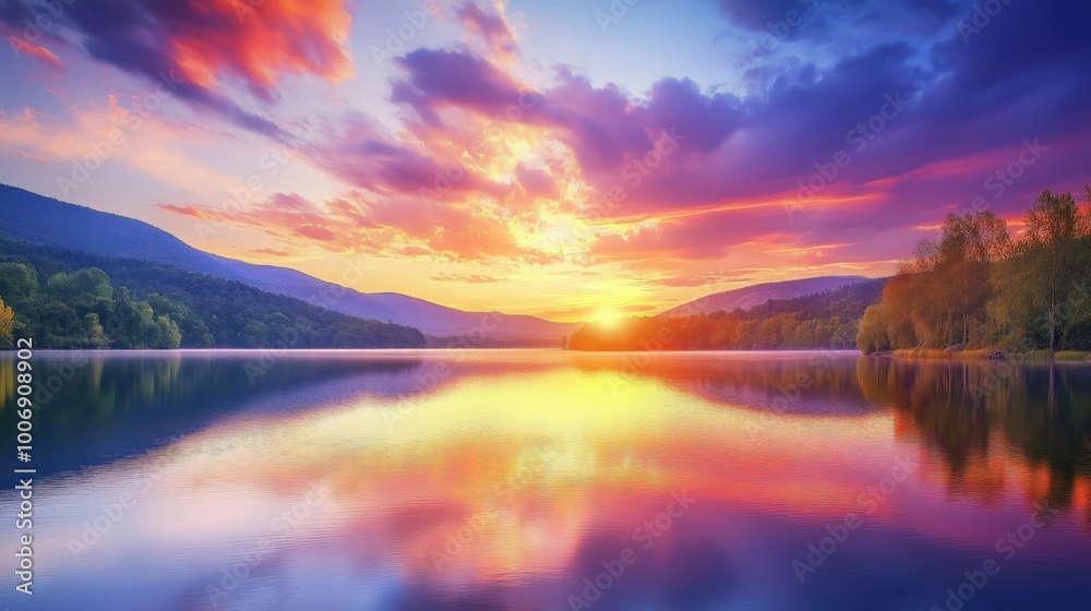 A stunning sunset reflecting on a calm lake surrounded by mountains and trees. A stunning sunset reflecting on a calm lake surrounded by mountains and trees.