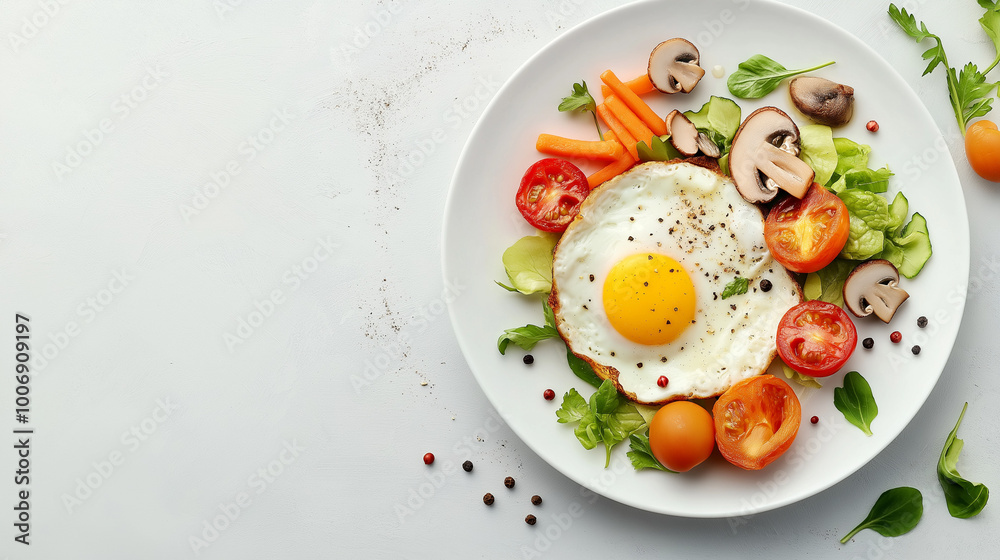 Salad with eggs and vegetables, A flat lay of a healthy breakfast with eggs, vegetables, and mushrooms on the side, creating a balanced meal concept. Salad with eggs and vegetables, A flat lay of a healthy breakfast with eggs, vegetables, and mushrooms on the side, creating a balanced meal concept.
