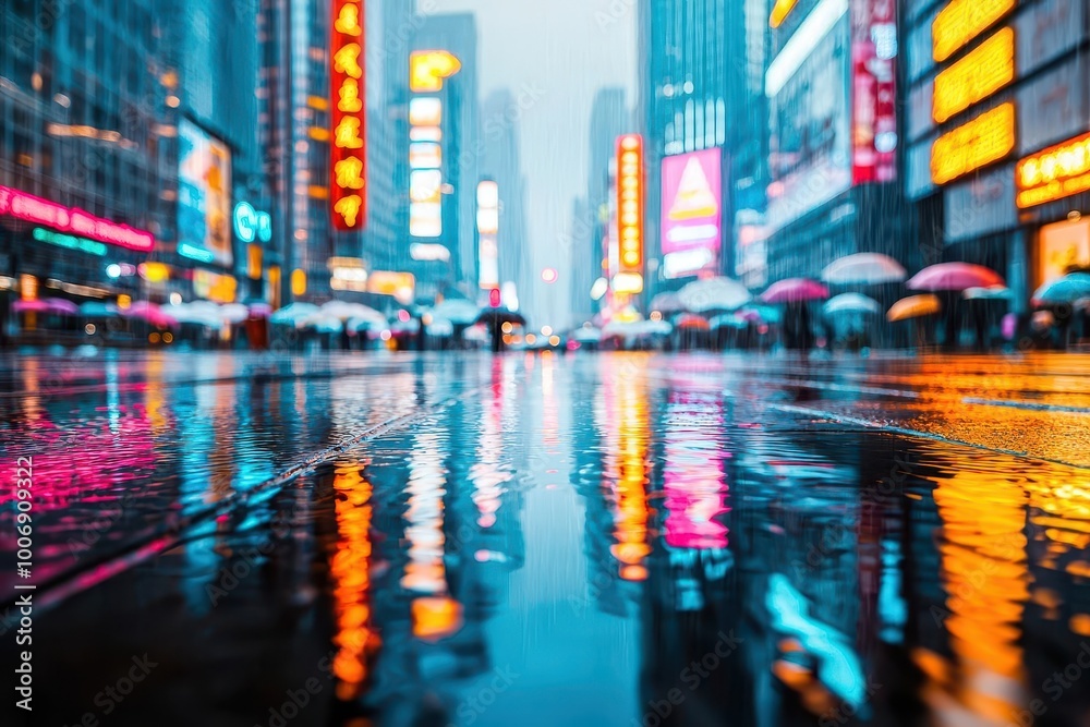 Vibrant city street with colorful reflections in the rain, urban atmosphere. Vibrant city street with colorful reflections in the rain, urban atmosphere.