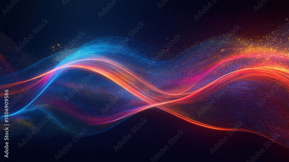 A vibrant abstract wave design with flowing colors and sparkles on a dark background. A vibrant abstract wave design with flowing colors and sparkles on a dark background.