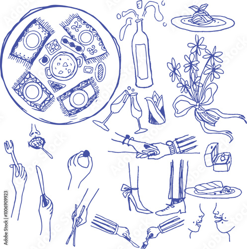 Propose a date night theme, food and romantic dinner restaurant elements. Blue is simple line doodles or sketch lines. Engagement ring, flower, gift, food, romance, eating, food and beverage, luxury