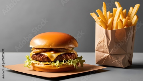 Chicken burger, crispy lettuce, melted cheese and soft bun with golden fries on the side, feels like takeout. photo