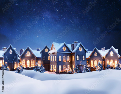 Blue Fantasy winter landscape Night Village Generative AI 