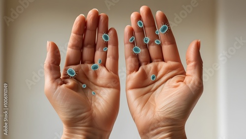 Close-up of a pair of hands covered in germs and bacteria, visible as tiny, translucent organisms crawling on the skin. photo