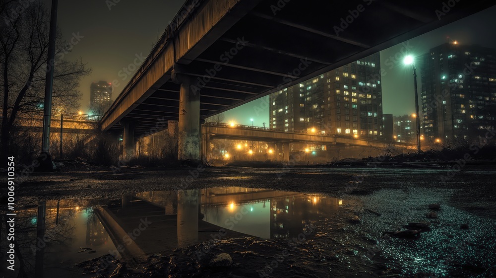 A dark, foggy urban scene with illuminated buildings and reflections in puddles. A dark, foggy urban scene with illuminated buildings and reflections in puddles.
