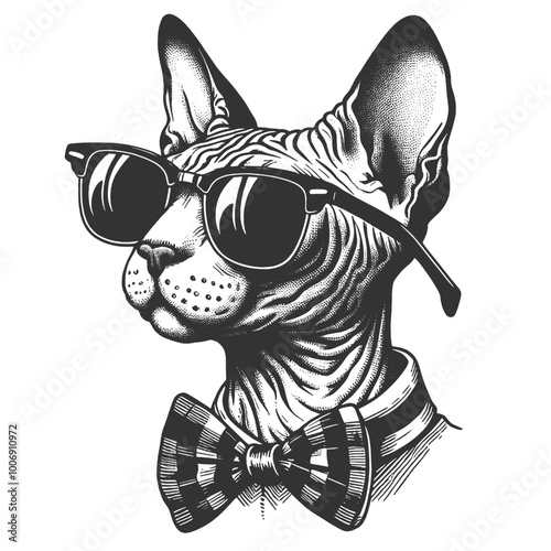 Sphynx cat confidently wearing sunglasses, exuding coolness and attitude sketch engraving generative ai vector illustration. Scratch board imitation. Black and white image.