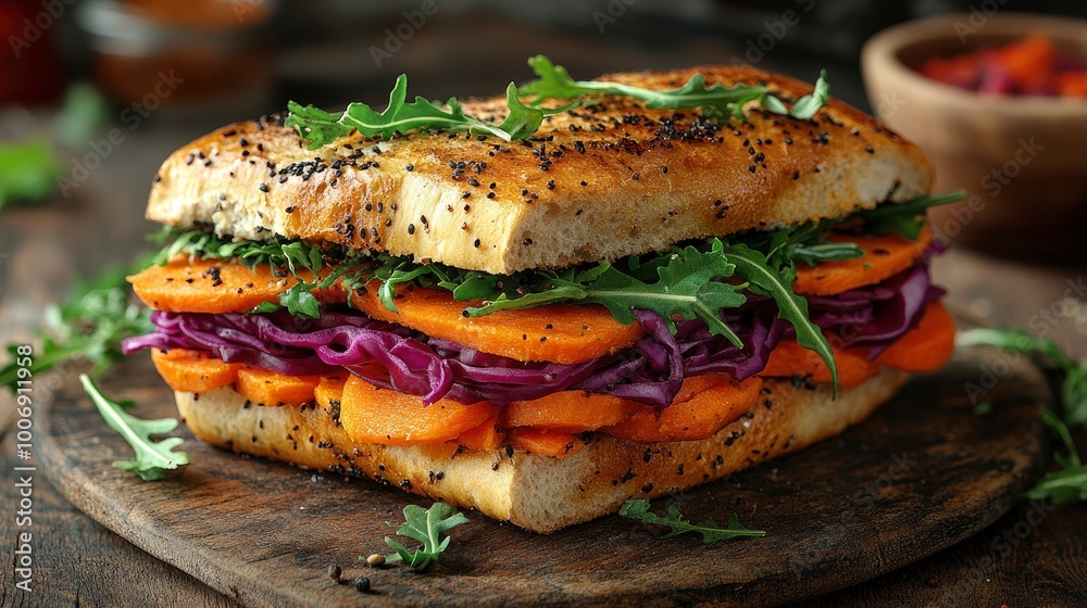 Delicious Sweet Potato and Red Cabbage Sandwich on Rustic Wooden Board