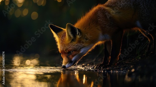 A fox drinks from a river at dusk, with the golden light reflecting on the water, wild scene.
