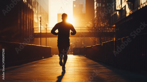 A silhouette of a jogger running through the city at sunset.