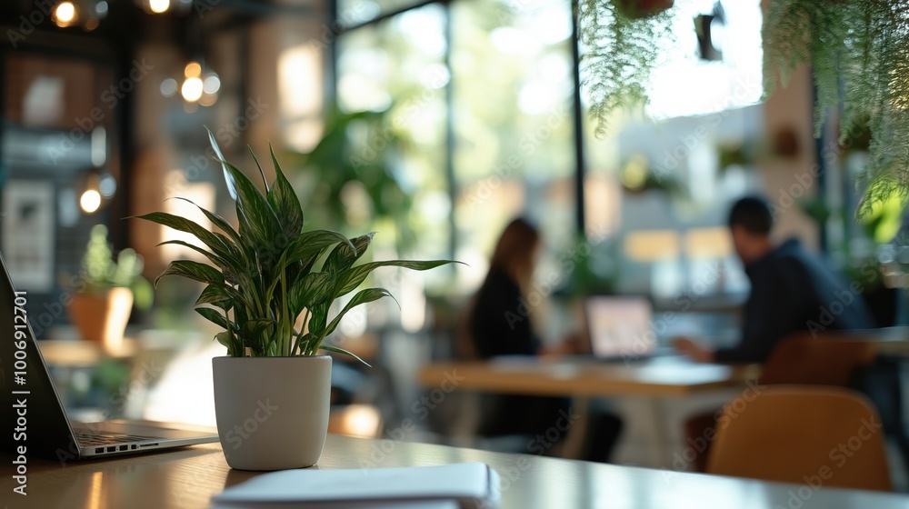 A modern office setting featuring a potted plant in focus, with blurred colleagues working in the background. A modern office setting featuring a potted plant in focus, with blurred colleagues working in the background.