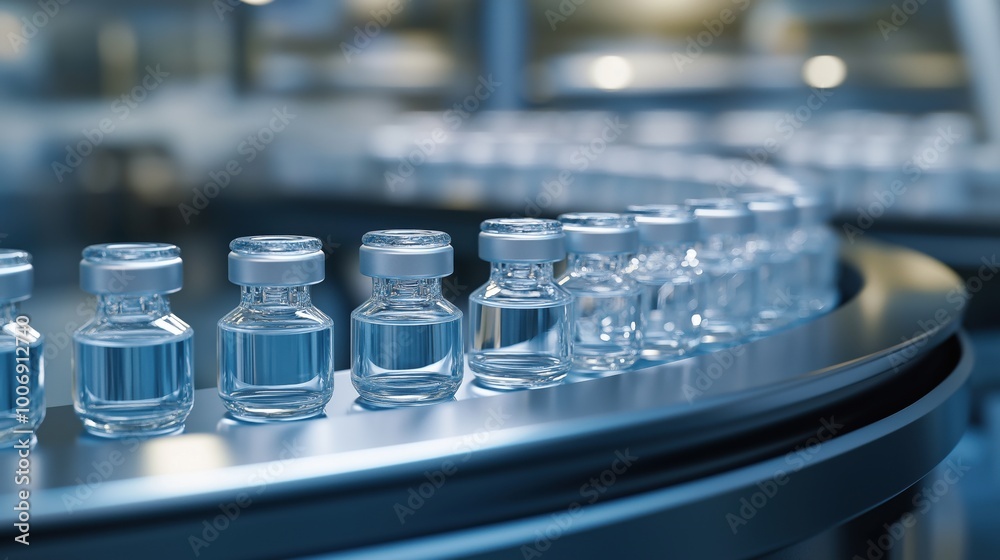 A row of clear pharmaceutical vials on a modern production line in a laboratory setting.