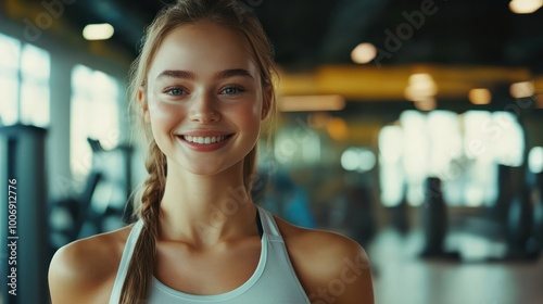 Young smiling fitness instructor girl in a gym. Wellbeing and positive mood concept with copy space Free Download Young smiling fitness instructor girl in a gym. Wellbeing and positive mood concept with copy space - GFXLoad