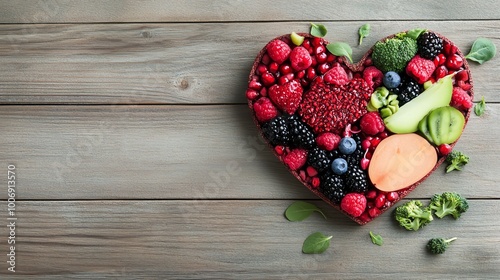 Mixed fruits and veggies arranged into a heart on a rustic wooden background, Nutrition for Heart Health, farmtotable concept