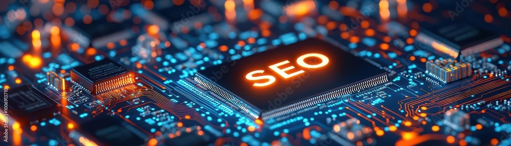 Close-up of a microchip with glowing letters representing SEO optimization. Close-up of a microchip with glowing letters representing SEO optimization.