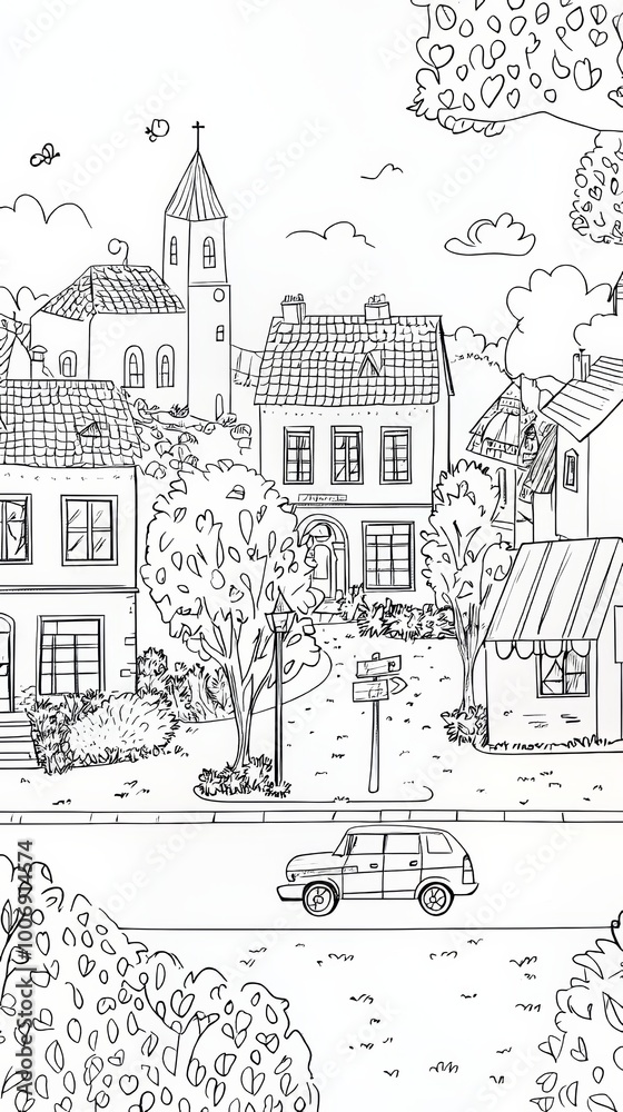 coloring book, cartoon style, street in the city in white background, houses, tree, garden, small shops, bus stop, church, cars coloring book, cartoon style, street in the city in white background, houses, tree, garden, small shops, bus stop, church, cars