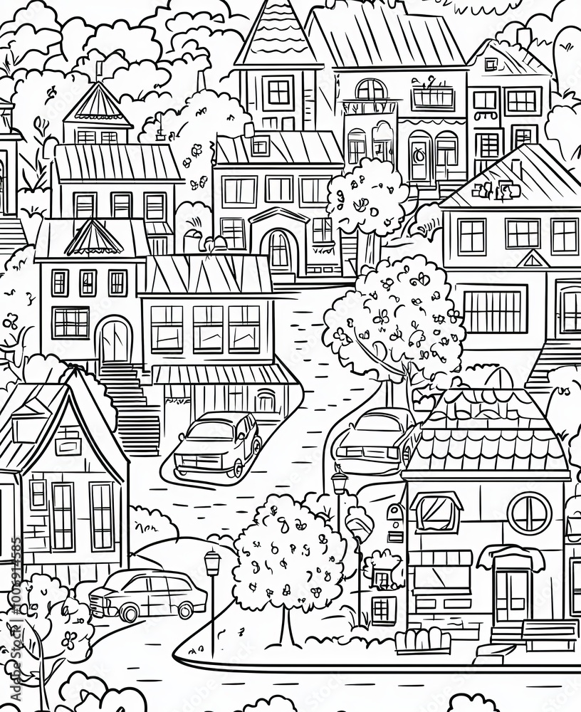 coloring book, cartoon style, street in the city in white background, houses, tree, garden, small shops, bus stop, church, cars coloring book, cartoon style, street in the city in white background, houses, tree, garden, small shops, bus stop, church, cars