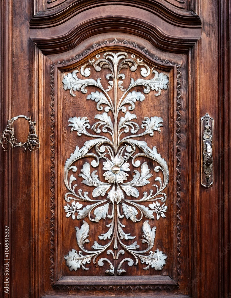 Ornate wooden door with intricate carving Ornate wooden door with intricate carving