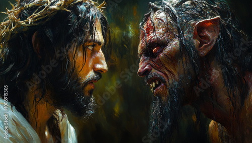 A portrait of Jesus and the devil, both looking at each other with fear in their eyes