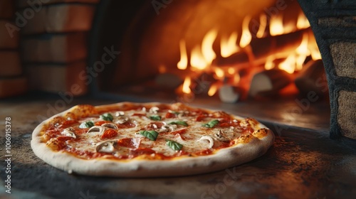 Rustic pizza oven, margarita pizza aroma, flickering flames, 3D illustration