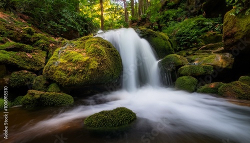 Waterfall flows over mossy rocks