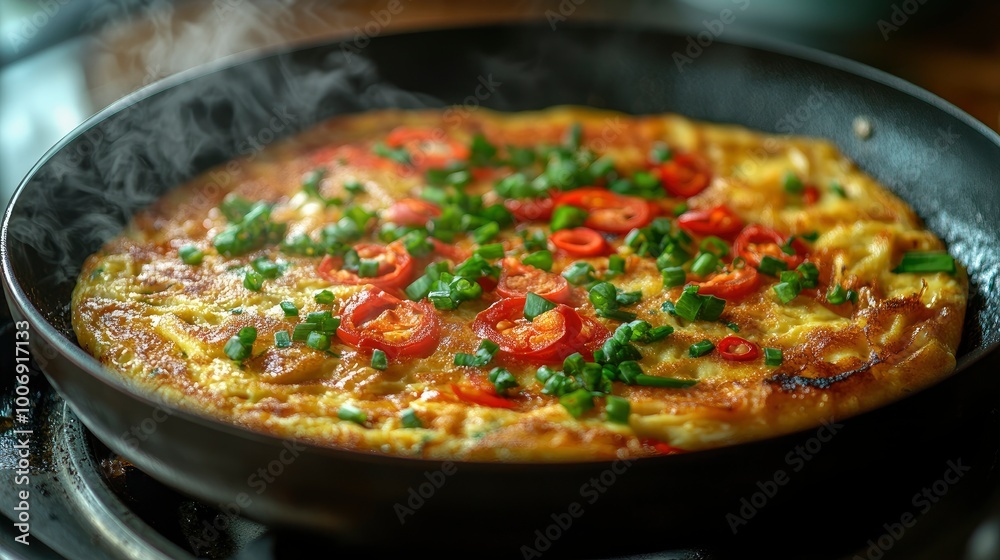 Steaming Omelette with Chili Peppers and Green Onions in a Pan Steaming Omelette with Chili Peppers and Green Onions in a Pan
