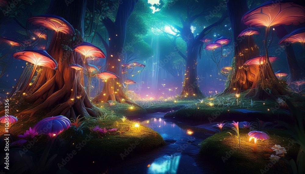 Enchanted forest with glowing mushrooms Enchanted forest with glowing mushrooms