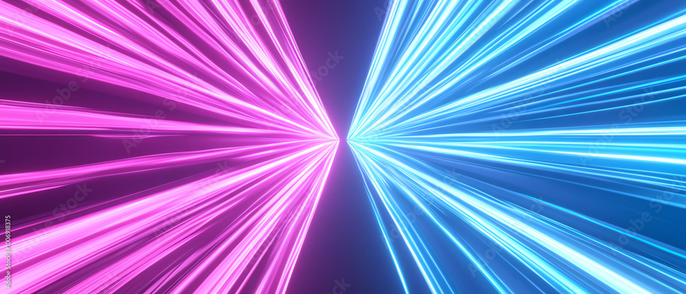 Vibrant pink and blue light rays converging in a dynamic display, high contrast background. Vibrant pink and blue light rays converging in a dynamic display, high contrast background.