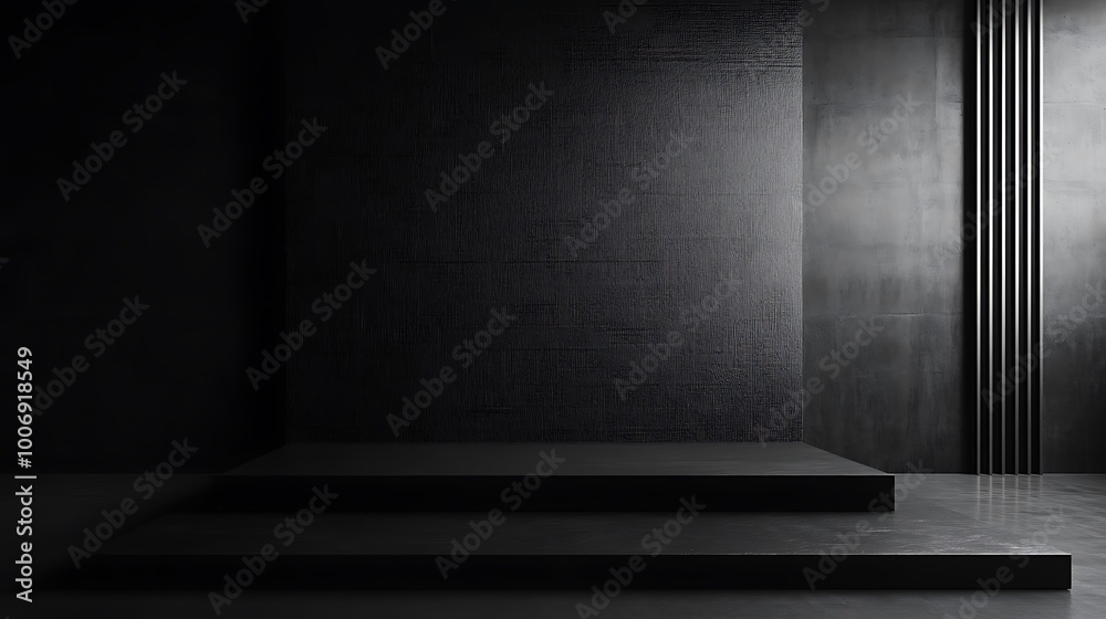  3D background for the product. The studio with the table is empty. Black podium with dark concrete wall. Interior mockup with countertop and window shadow. 