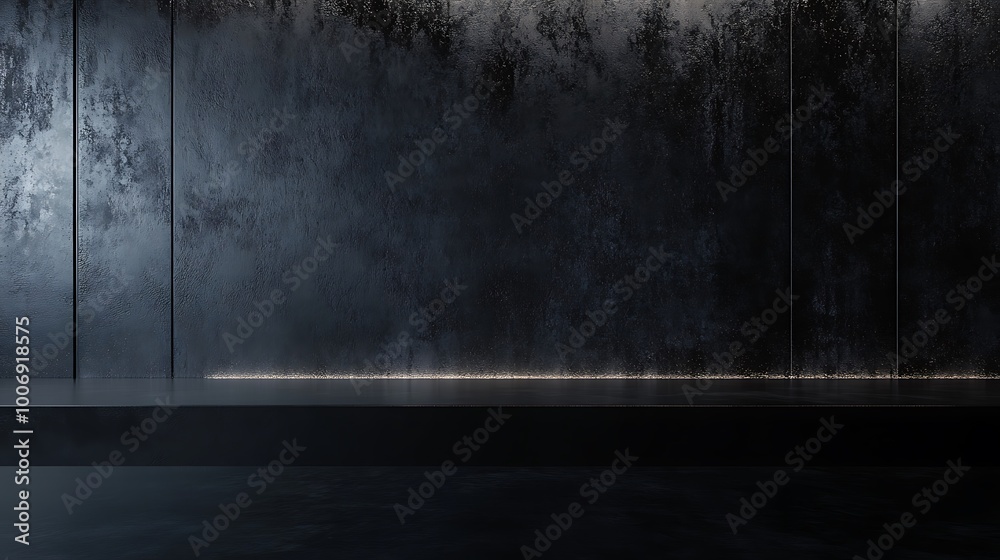 3D background for the product. The studio with the table is empty. Black podium with dark concrete wall. Interior mockup with countertop and window shadow. 3D background for the product. The studio with the table is empty. Black podium with dark concrete wall. Interior mockup with countertop and window shadow.