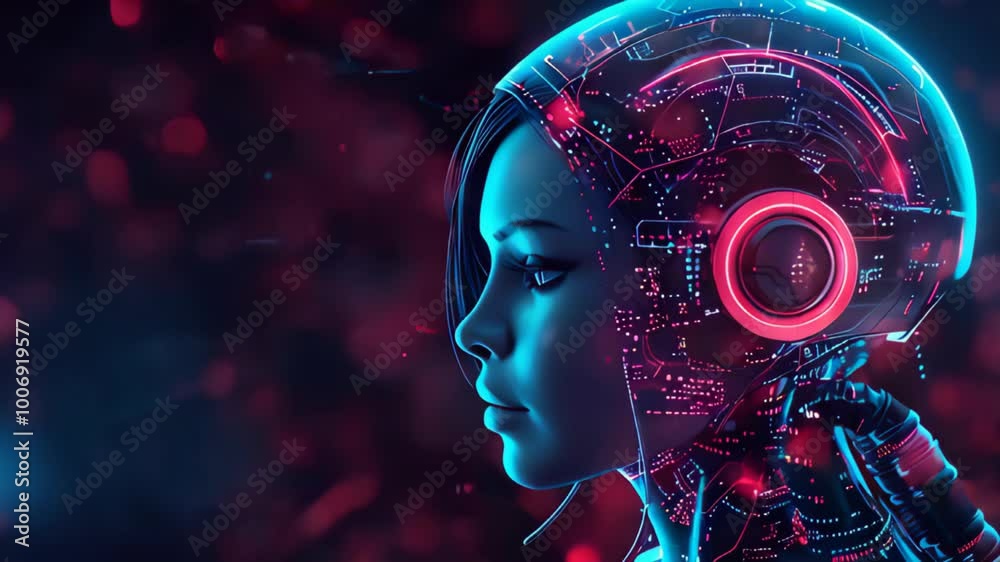 Digital Portrait of a Woman with Neon Lights and Cybernetic Enhancements in a Futuristic Style