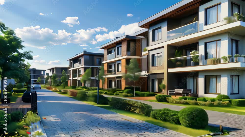Modern Residential Complex with Green Lawns and Clean Streets
