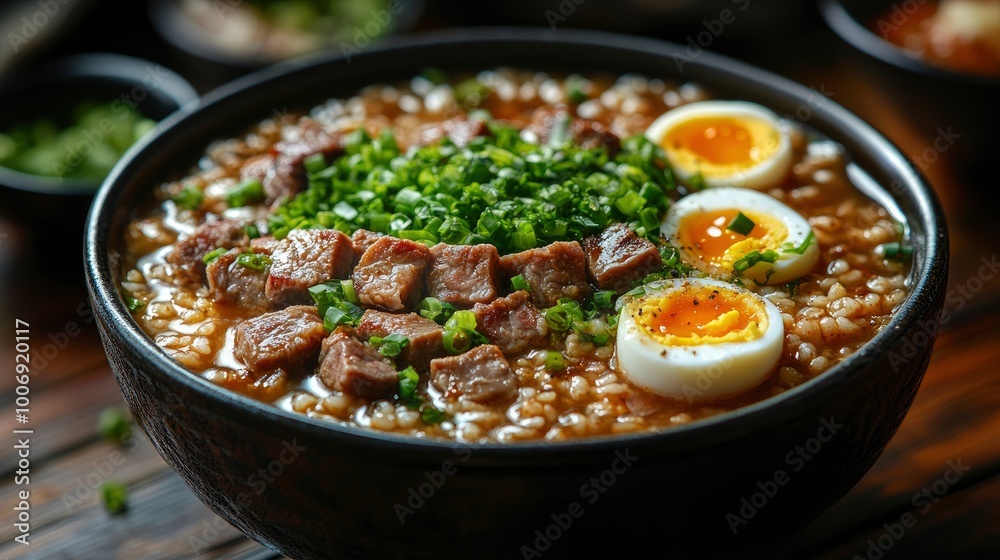 Delicious Beef and Egg Rice Soup with Green Onions Delicious Beef and Egg Rice Soup with Green Onions