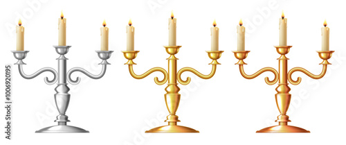 Three-arm candlestick. Silver, gold and bronze candlesticks. Vector 3d clipart isolated on white background.