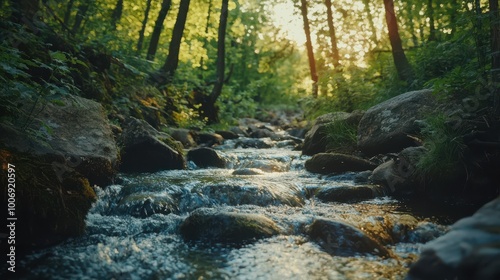 Mountain stream flowing through dense forest