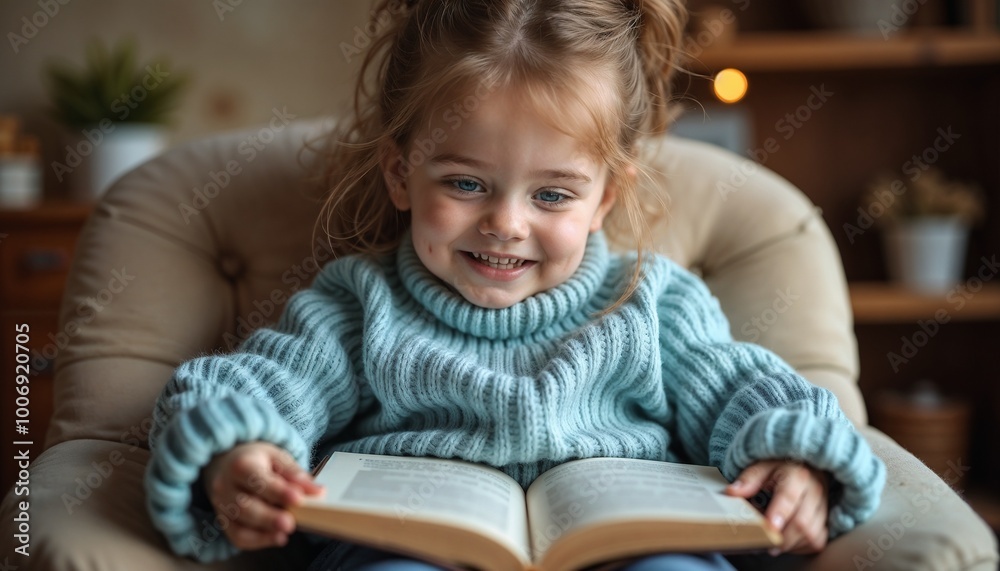 A little girl happily examines a book in a blue sweater on a blurred background A little girl happily examines a book in a blue sweater on a blurred background