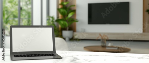 Modern laptop on a marble table, bright living room with plants and a television in the background, perfect for remote work. 3D rendering