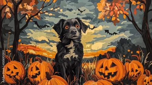 A black dog sits among pumpkins under a colorful Halloween sky with bats flying, capturing the spirit of the season. photo