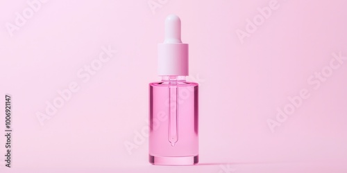 A sleek pink serum bottle with a dropper against a soft pink background, radiating a clean and minimalist aesthetic.