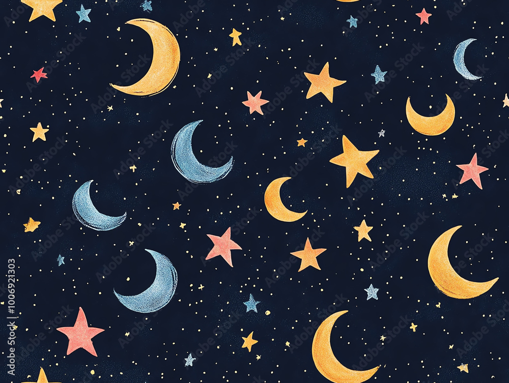 Whimsical pattern of moons and stars on a dark background. Whimsical pattern of moons and stars on a dark background.