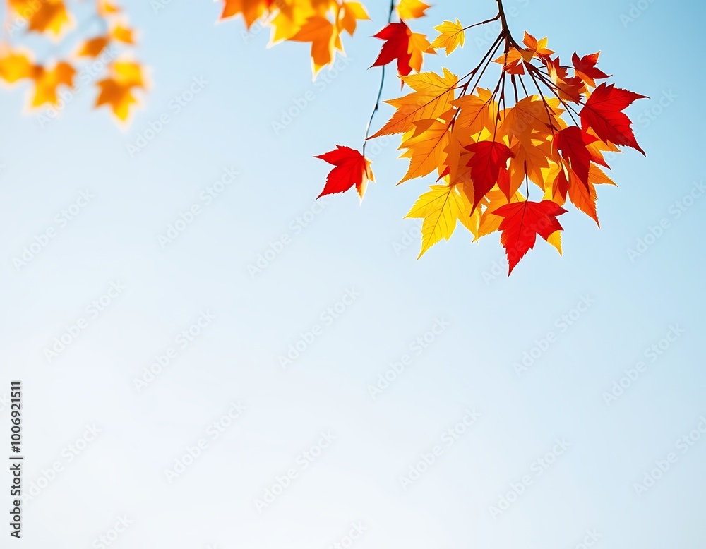 A minimalistic yet impactful poster featuring a cluster of golden and red autumn leaves hanging from the top, gently swaying against a crisp, clear blue sky. A minimalistic yet impactful poster featuring a cluster of golden and red autumn leaves hanging from the top, gently swaying against a crisp, clear blue sky.