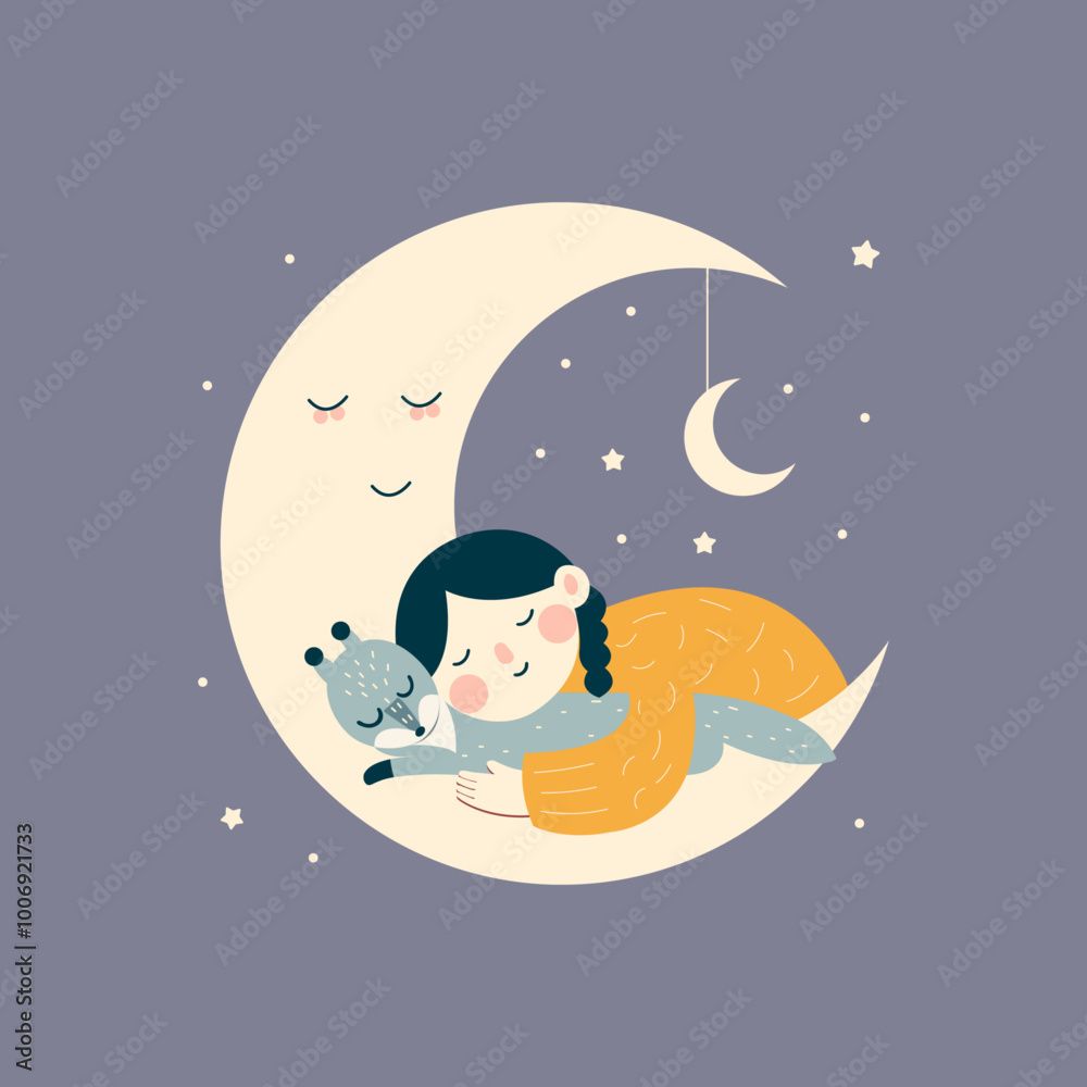 Fototapeta premium Children's illustration, sleeping girl with her favorite animal on a sleepy moon. Vector illustration in flat style. For children's books, stories and tales.