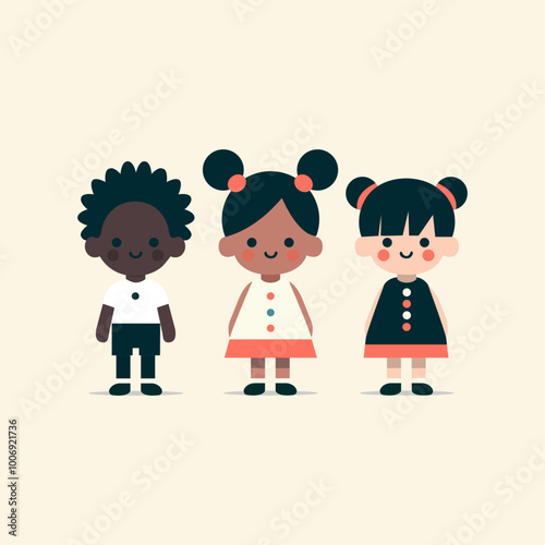 Vector children's illustration of three little children of different nationalities in flat style. Cute little kids, two girls and a boy